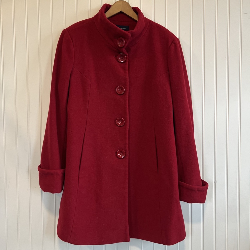 Anne Klein Pea Coat Women Size Large Wool Classic Red Winter Dressy